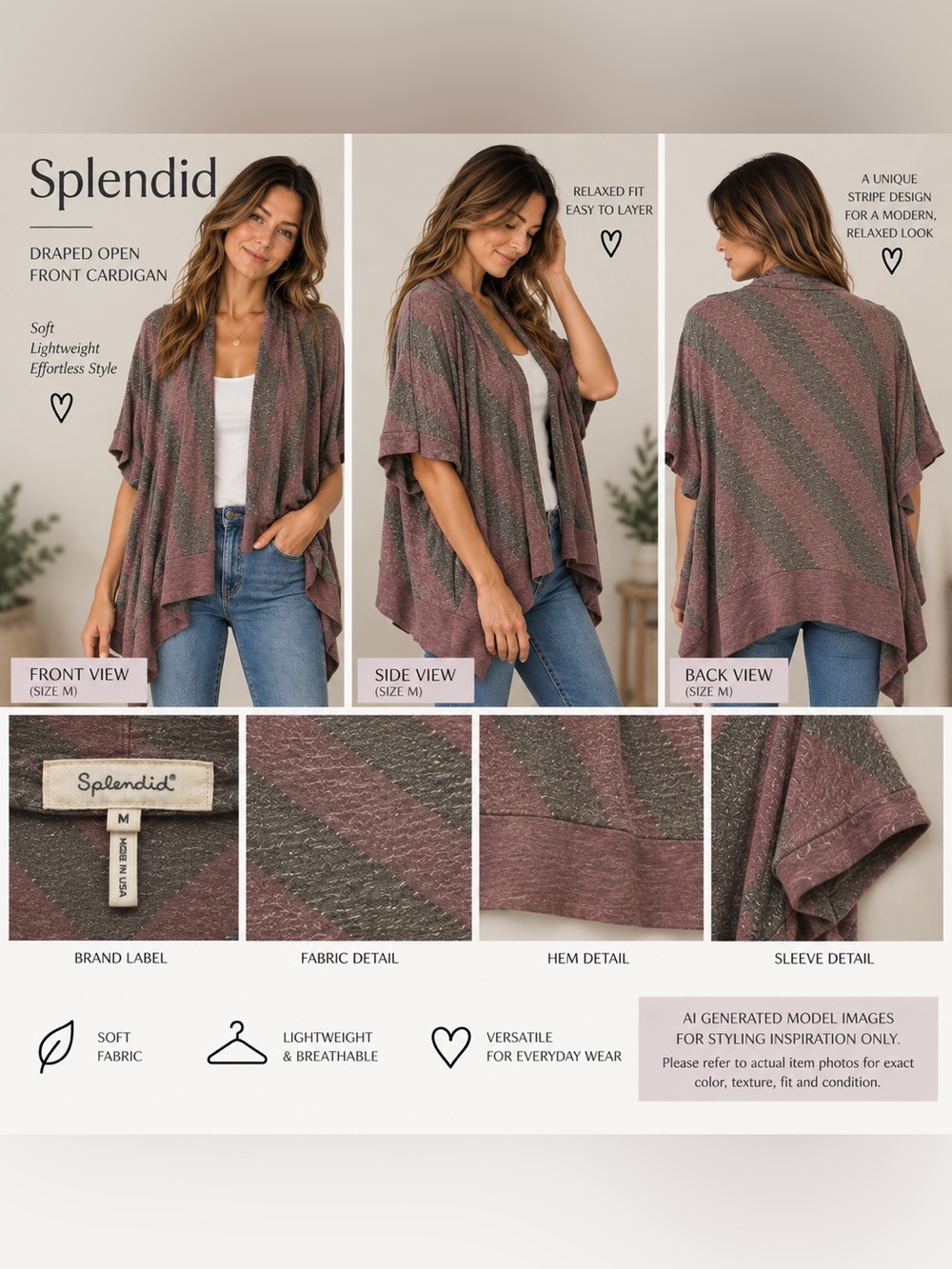 Splendid Plum Gray Striped Draped Open Front Cardigan